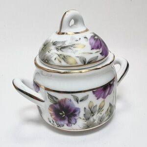 Vintage Hand-painted Porcelain Tea Party Sugar Bowl Purple Flowers Gold Rim